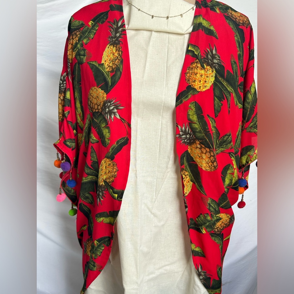 Cruise Pineapple Print Kimono Cover-Up Gianni Bini Tropical Vacation Swim Resort